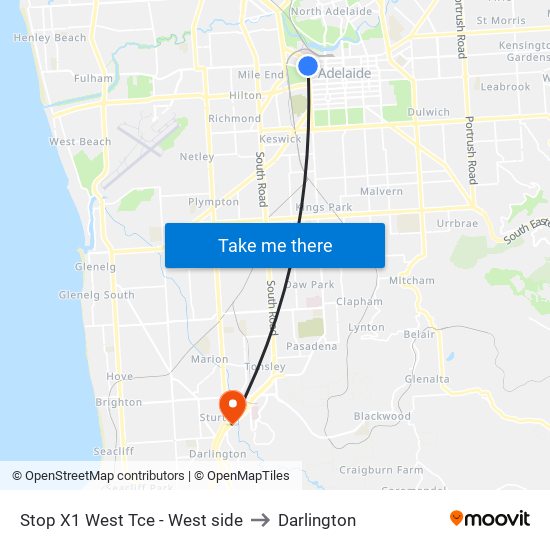 Stop X1 West Tce - West side to Darlington map