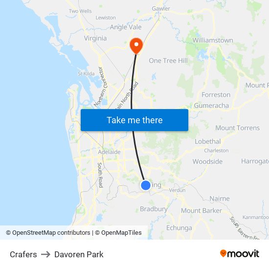 Crafers to Davoren Park map