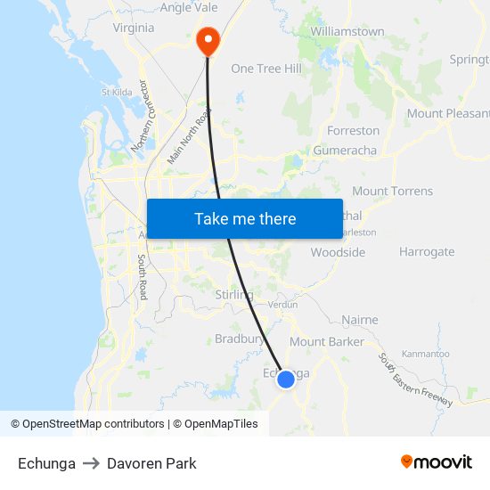 Echunga to Davoren Park map