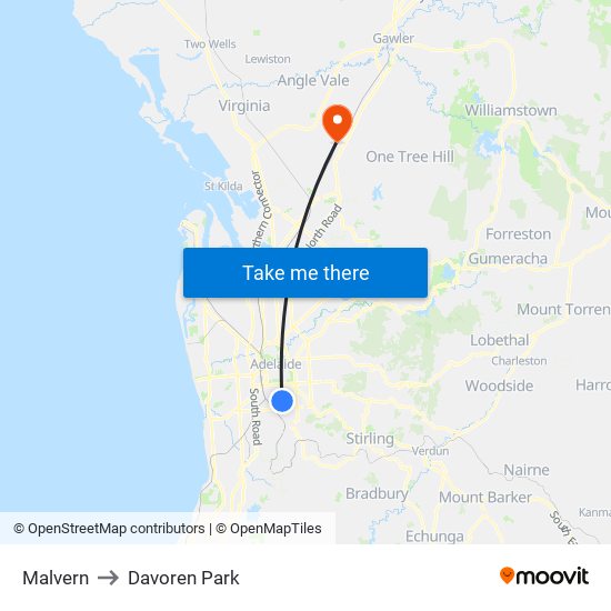 Malvern to Davoren Park map