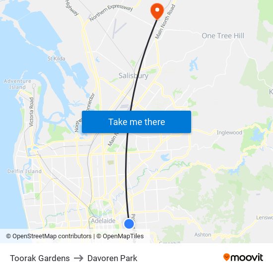 Toorak Gardens to Davoren Park map