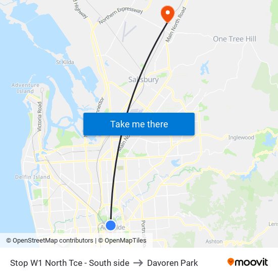 Stop W1 North Tce - South side to Davoren Park map
