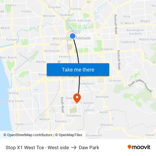 Stop X1 West Tce - West side to Daw Park map