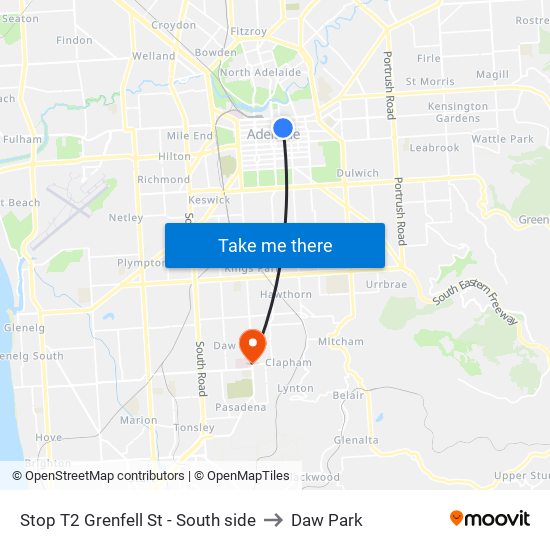 Stop T2 Grenfell St - South side to Daw Park map