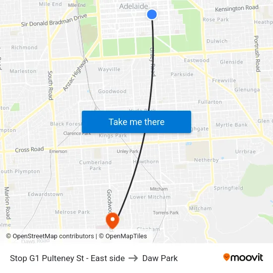 Stop G1 Pulteney St - East side to Daw Park map