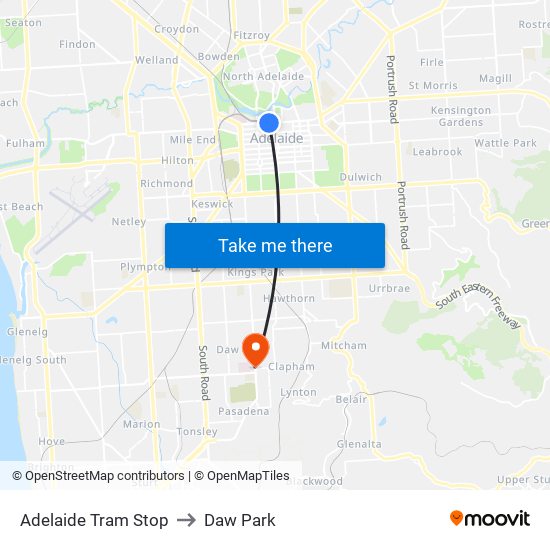 Adelaide Tram Stop to Daw Park map