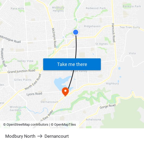 Modbury North to Dernancourt map