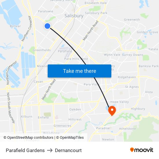 Parafield Gardens to Dernancourt map