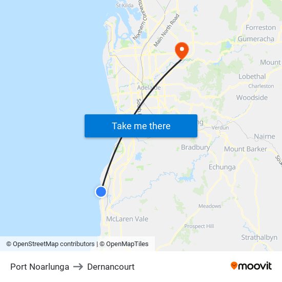 Port Noarlunga to Dernancourt map