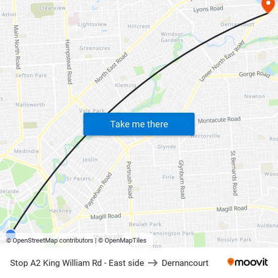 Stop A2 King William Rd - East side to Dernancourt map