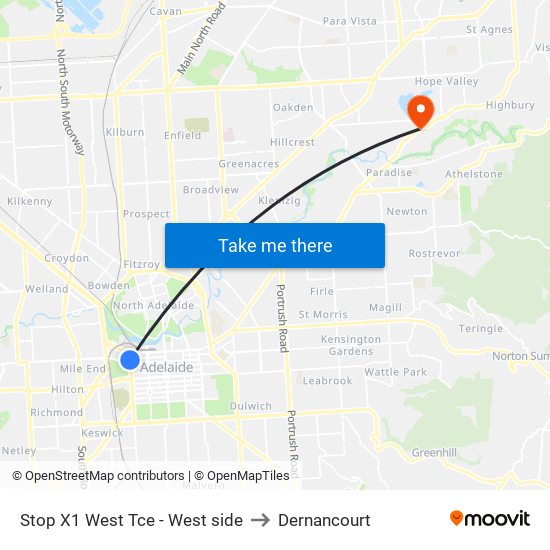 Stop X1 West Tce - West side to Dernancourt map