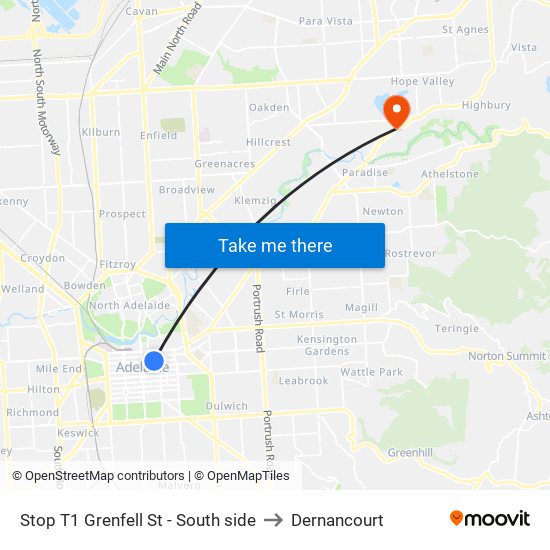 Stop T1 Grenfell St - South side to Dernancourt map