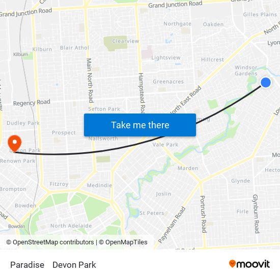 Paradise to Devon Park map