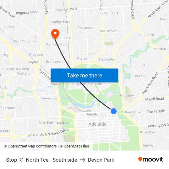 Stop R1 North Tce - South side to Devon Park map