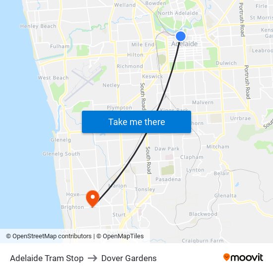 Adelaide Tram Stop to Dover Gardens map