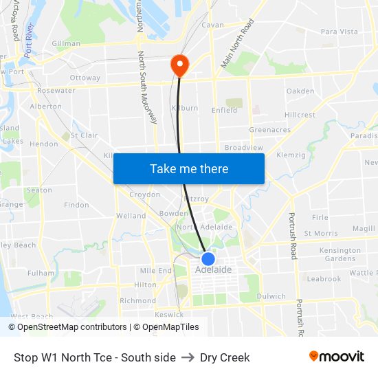 Stop W1 North Tce - South side to Dry Creek map