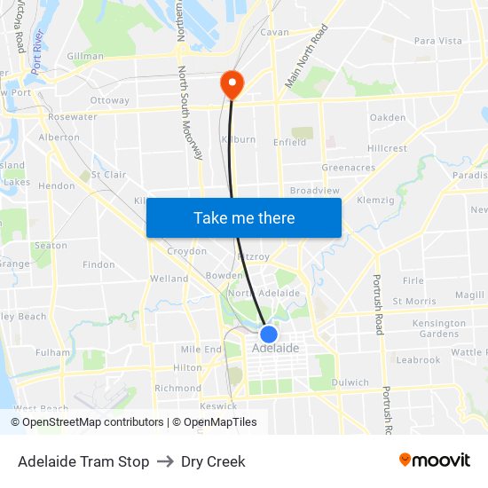 Adelaide Tram Stop to Dry Creek map