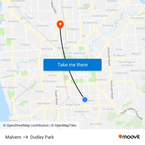 Malvern to Dudley Park map