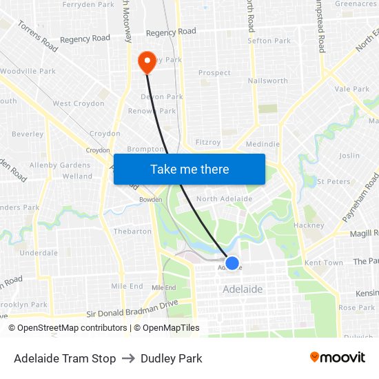 Adelaide Tram Stop to Dudley Park map