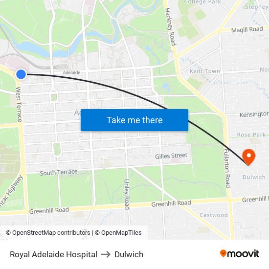 Royal Adelaide Hospital to Dulwich map