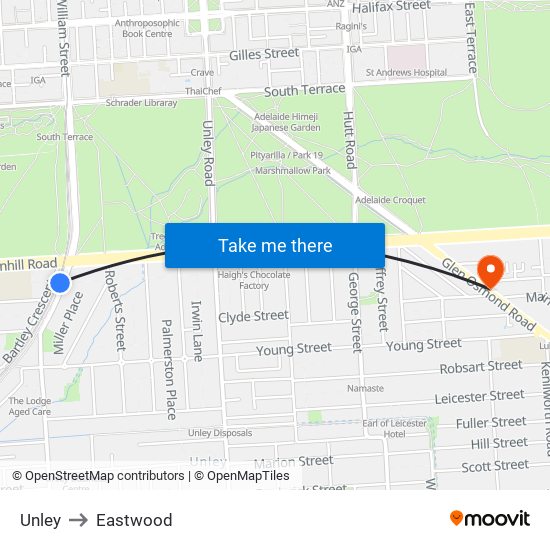 Unley to Eastwood map