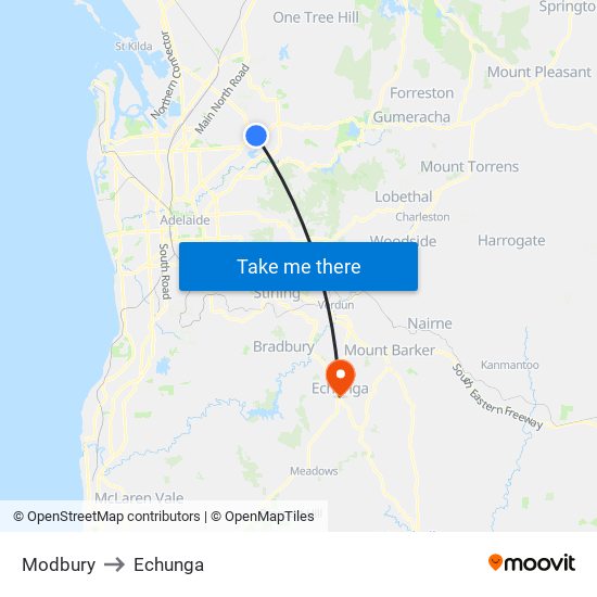 Modbury to Echunga map