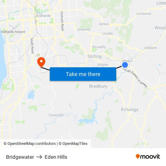 Bridgewater to Eden Hills map