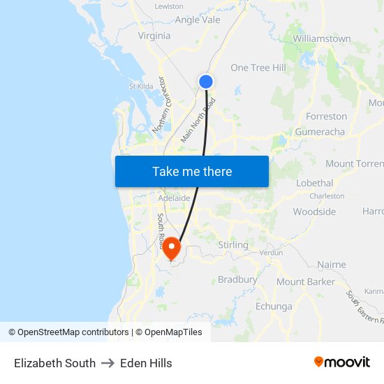 Elizabeth South to Eden Hills map