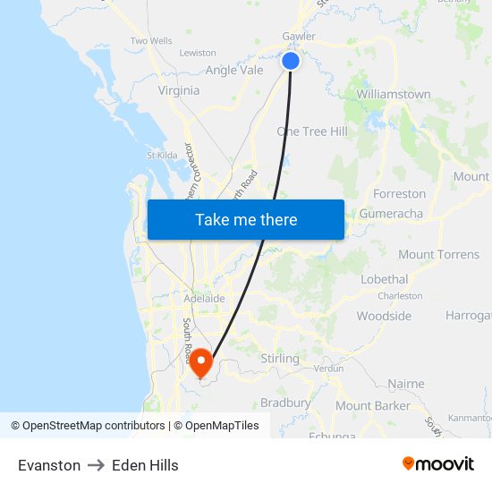 Evanston to Eden Hills map