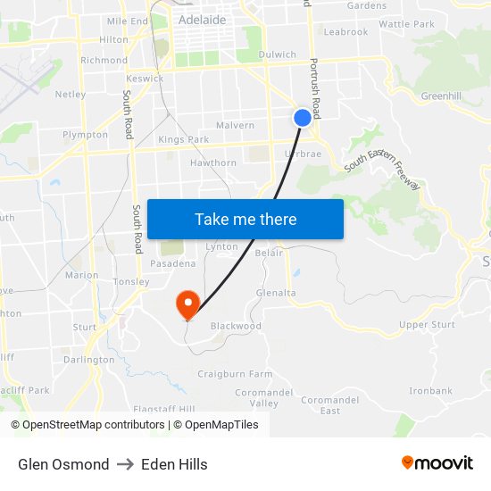 Glen Osmond to Eden Hills map