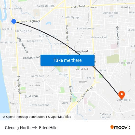 Glenelg North to Eden Hills map