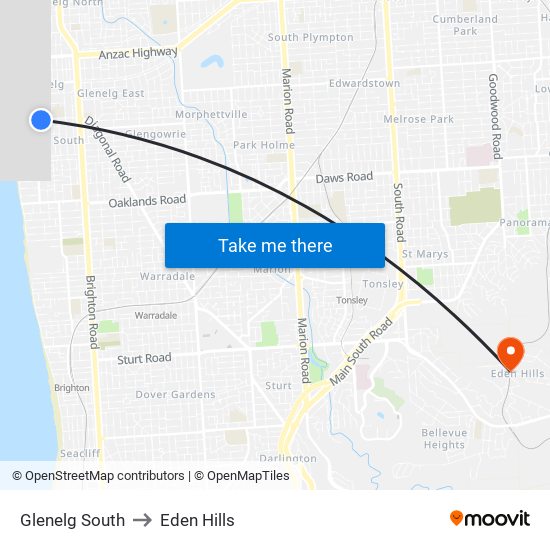 Glenelg South to Eden Hills map