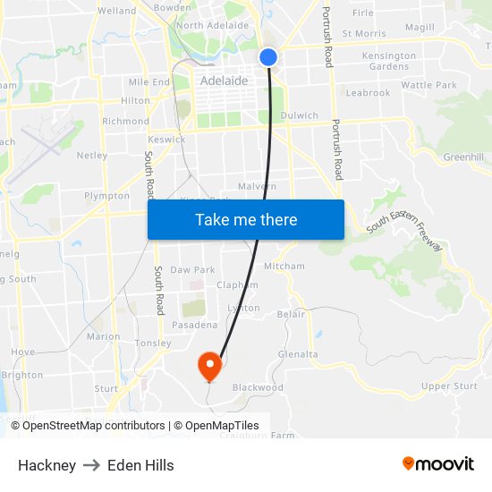 Hackney to Eden Hills map