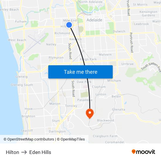 Hilton to Eden Hills map