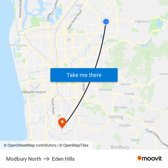 Modbury North to Eden Hills map