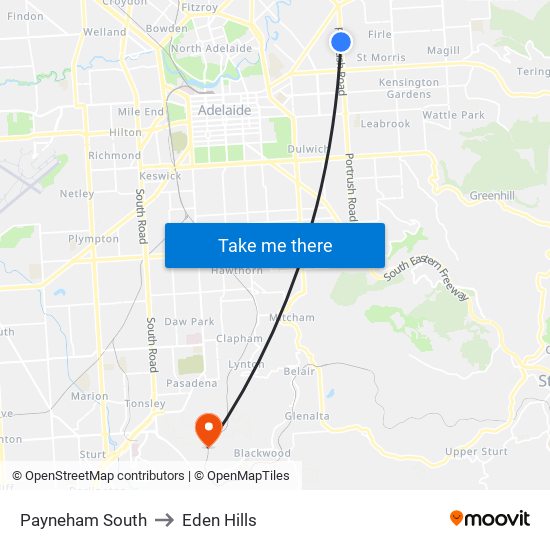 Payneham South to Eden Hills map