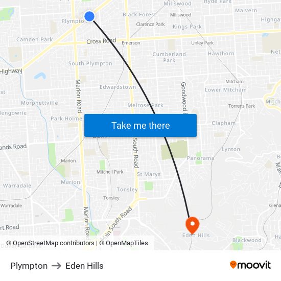 Plympton to Eden Hills map