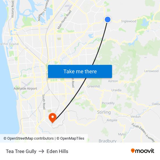 Tea Tree Gully to Eden Hills map