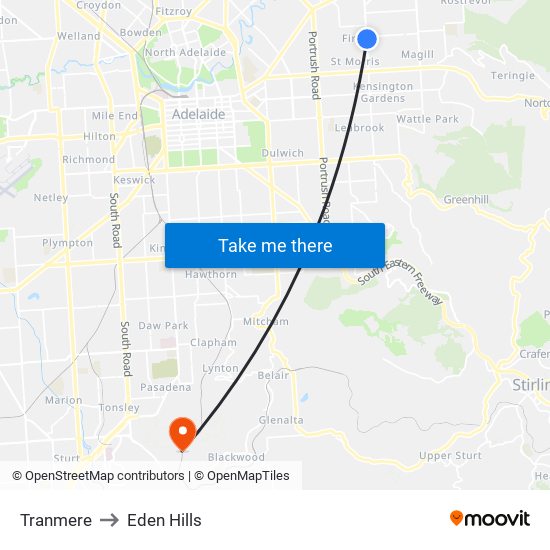 Tranmere to Eden Hills map