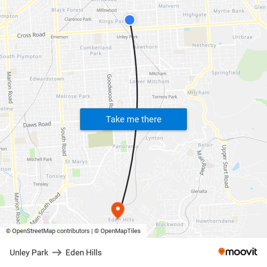 Unley Park to Eden Hills map