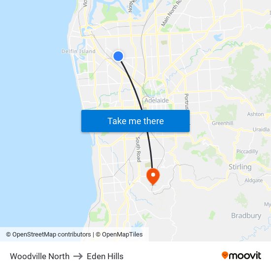 Woodville North to Eden Hills map