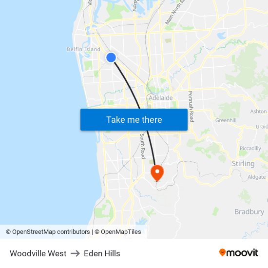 Woodville West to Eden Hills map