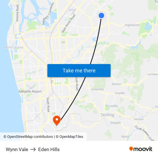 Wynn Vale to Eden Hills map