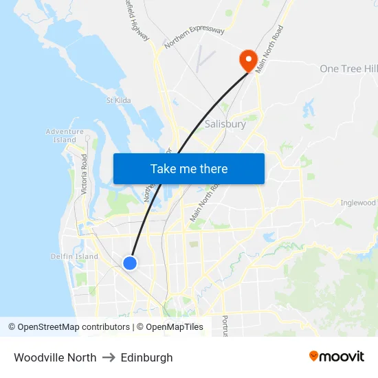 Woodville North to Edinburgh map