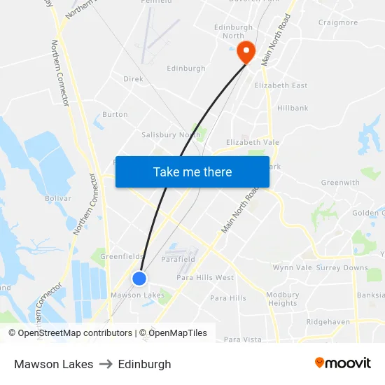 Mawson Lakes to Edinburgh map