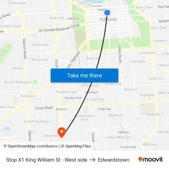 Stop X1 King William St - West side to Edwardstown map