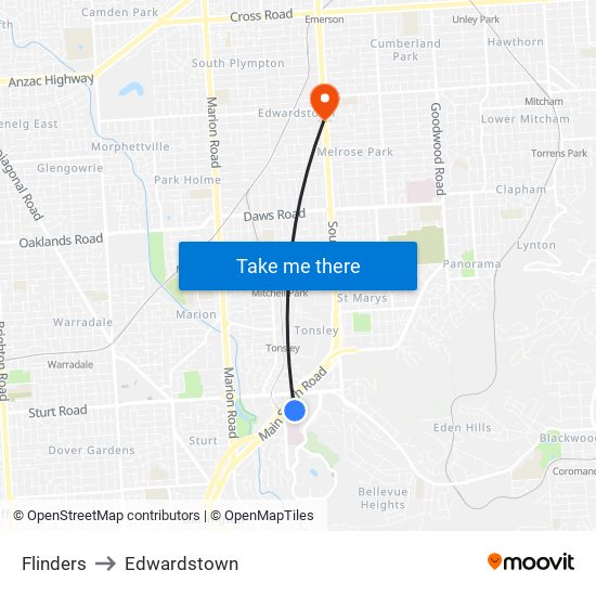 Flinders to Edwardstown map