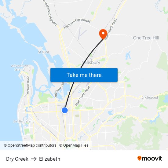 Dry Creek to Elizabeth map