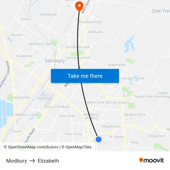 Modbury to Elizabeth map