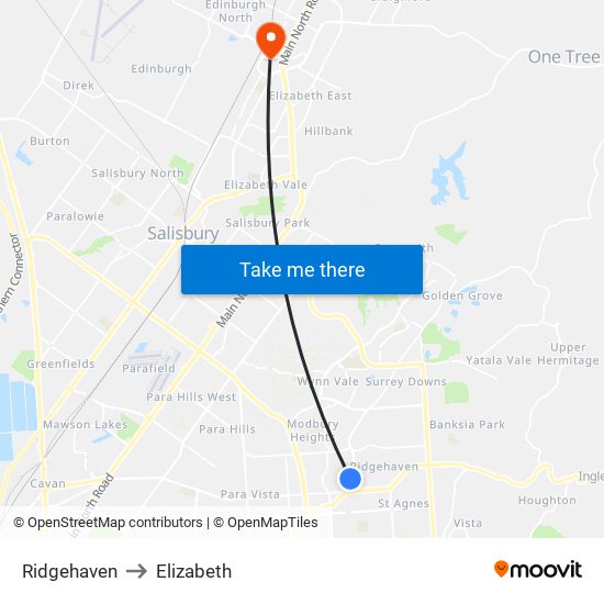 Ridgehaven to Elizabeth map